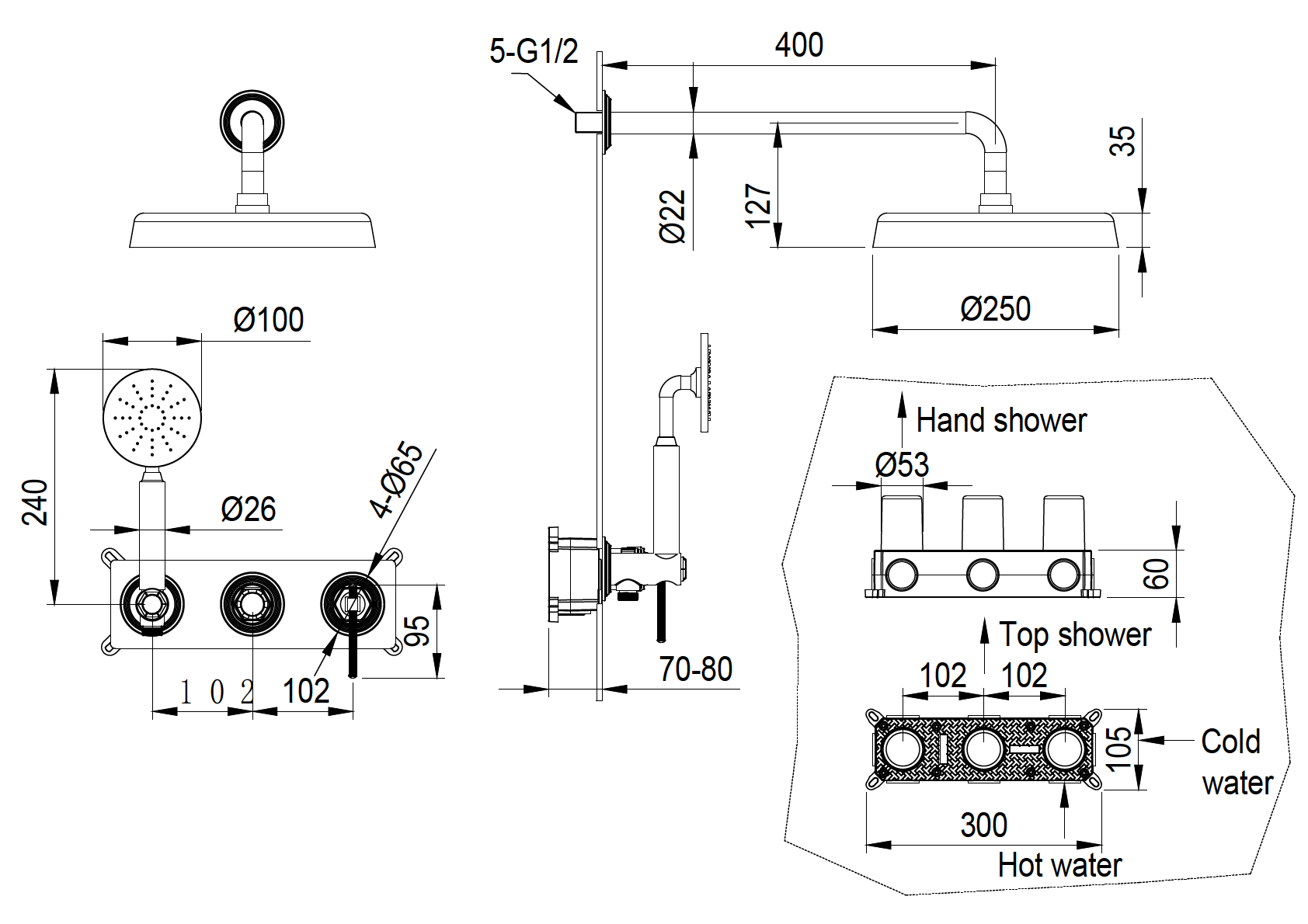Смеситель встроенный + верхний+ ручной душ, ETERNA BRONZE