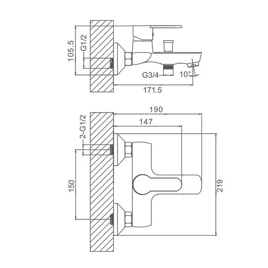 Смеситель Prohanss P64.30 для ванны и душа  монолитный, хром