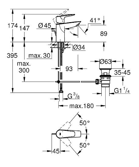 Смеситель для раковины с ограничителем температуры и рычажным донным клапаном BauEdge 23328001