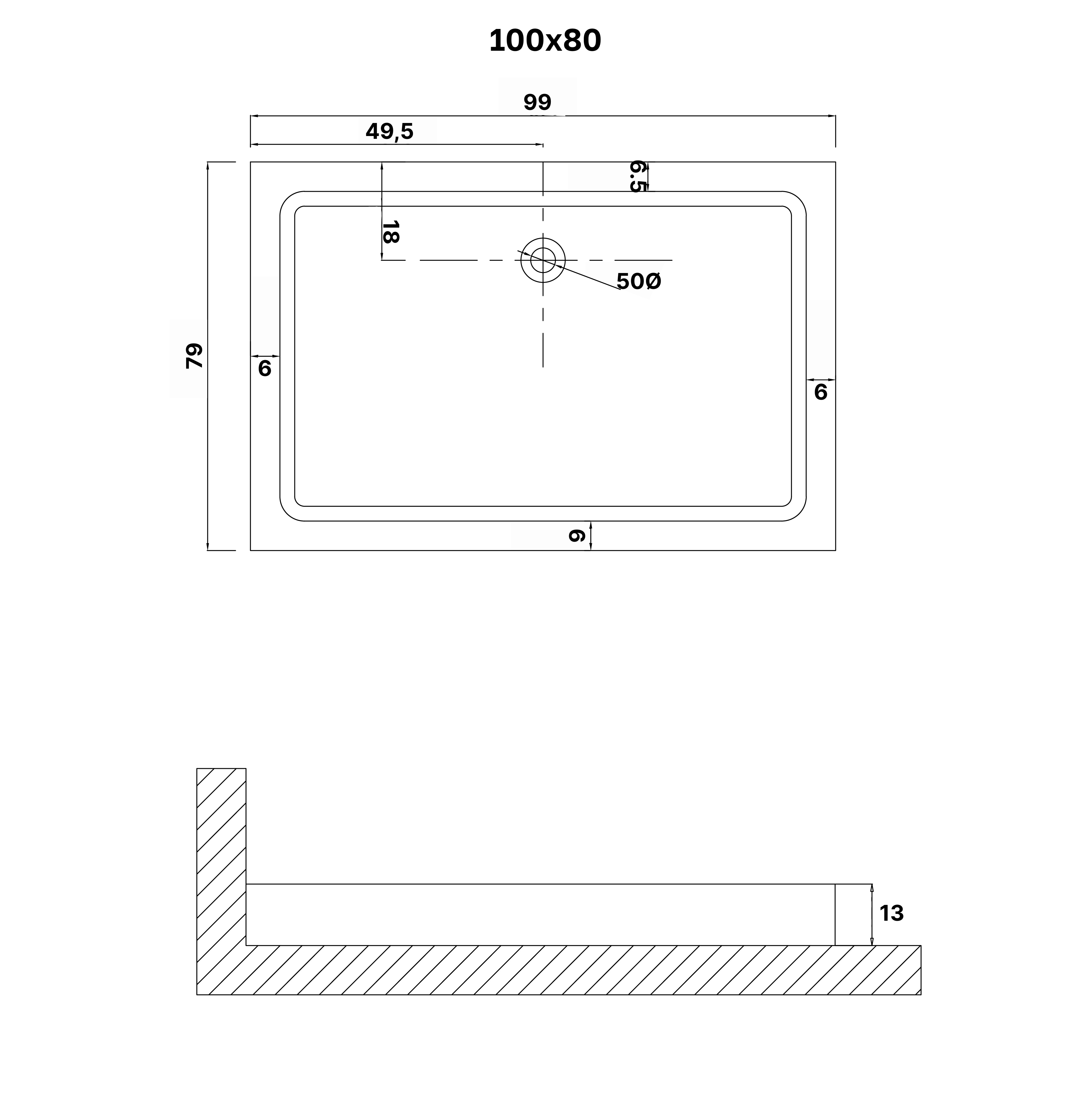 Душевой поддон (100х80х13) прямоугольник,1 место NG-P1080-14Q