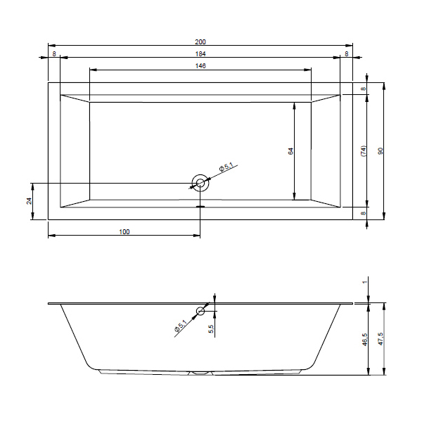 Ванна акриловая  LUGO 200x90 (с тонким бортом)