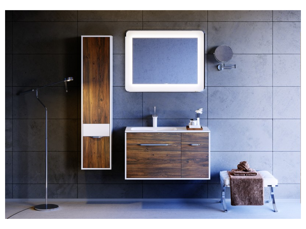 Подвесная тумба с одним основным ящиком, одним потайным ящиком,скрытым за фасадом,одним маленьким ящиком на системе push-to-open, а также 1 дверью с петлями установленными справа. Тумба в цвете крафт темный с умывальником из литьевого мрамора