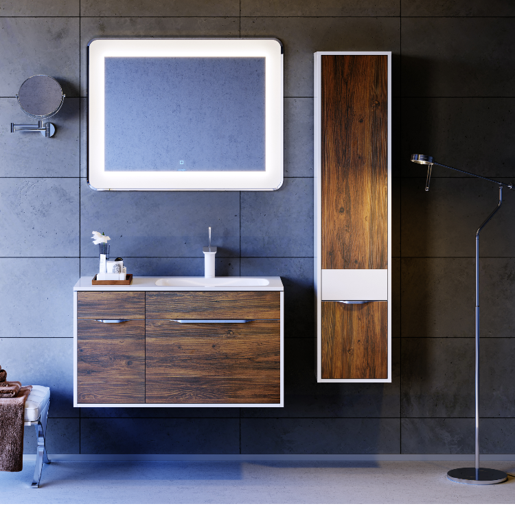 Подвесная тумба с одним основным ящиком, одним потайным ящиком,скрытым за фасадом,одним маленьким ящиком на системе push-to-open, а также 1 дверью с петлями установленными справа. Тумба в цвете крафт тёмный с умывальником из литьевого мрамора