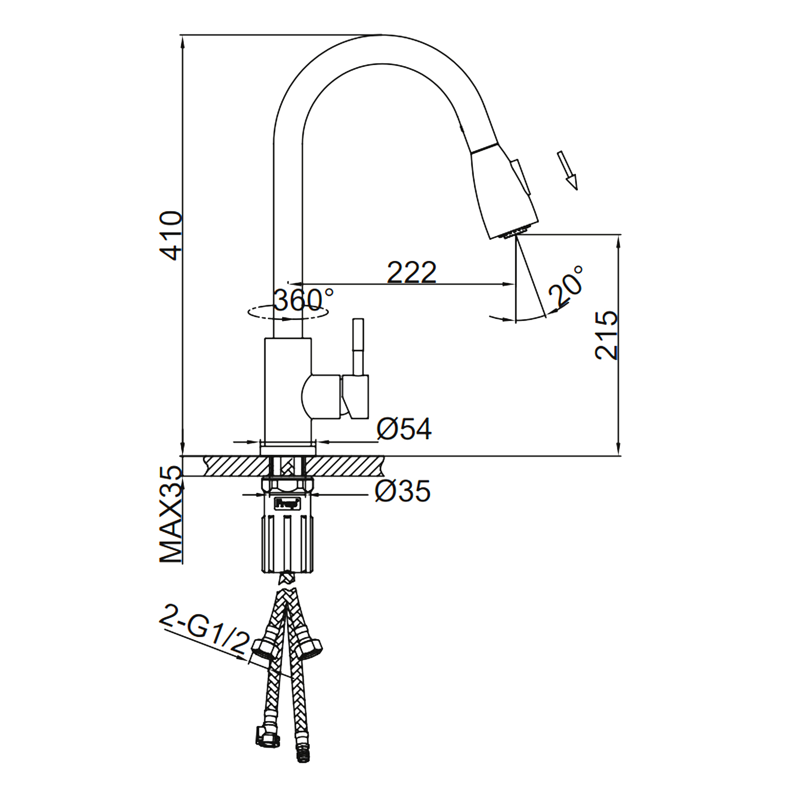 Смеситель для кухни с выдвижным гибким изливом/оруж.сталь FRAP F60991-9