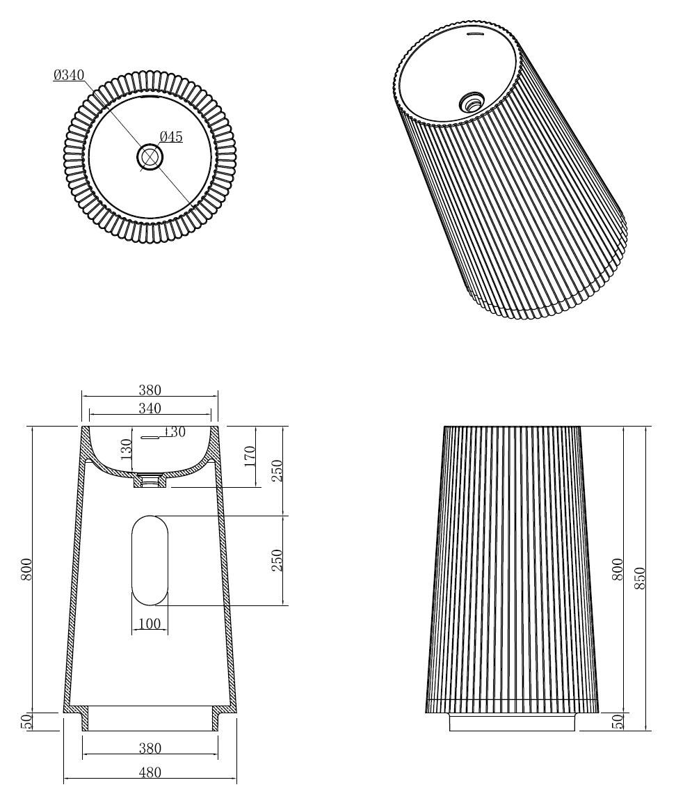 Раковина напольная рифленая Torre Corian 480*480*850 Matt White в магазинах СантехГид