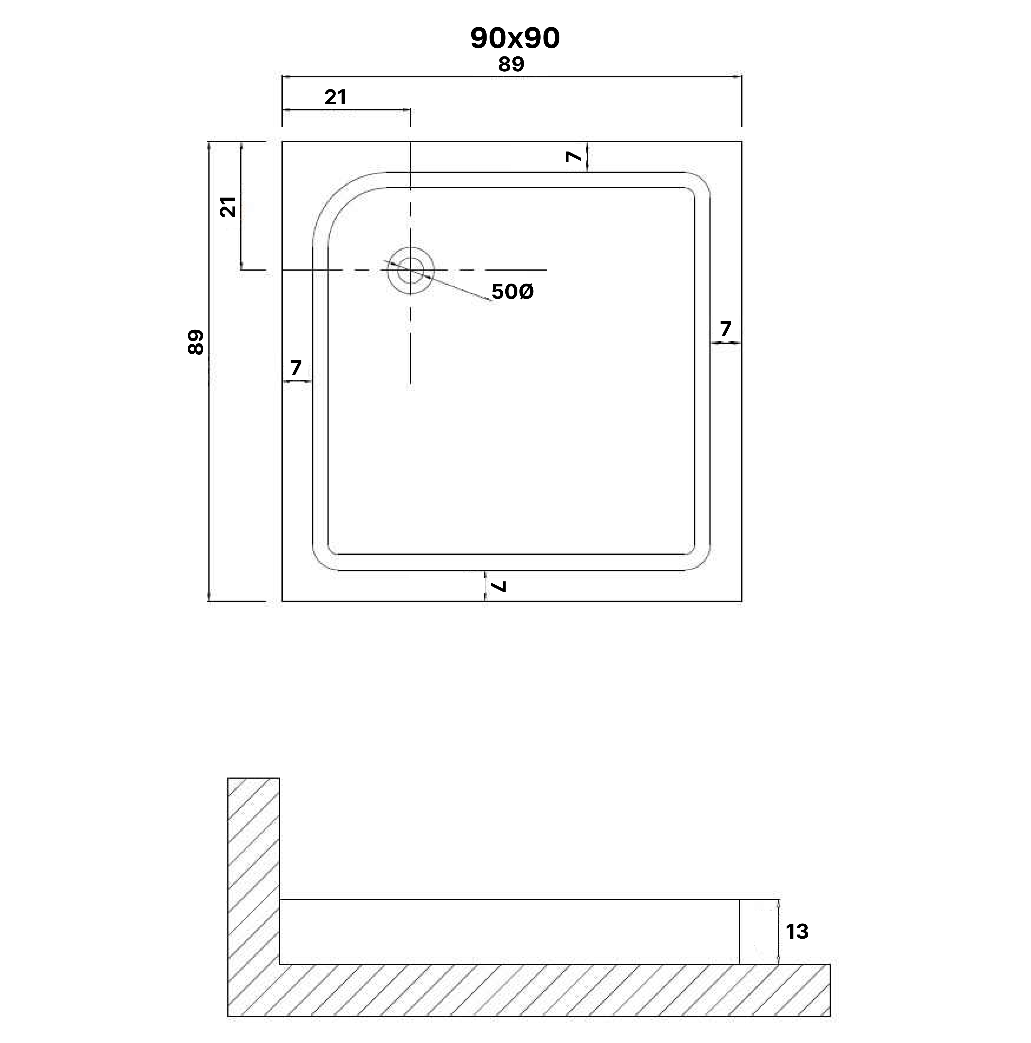 Душевой поддон (90х90х13) квадрат,1 место NG-P9090-14Q