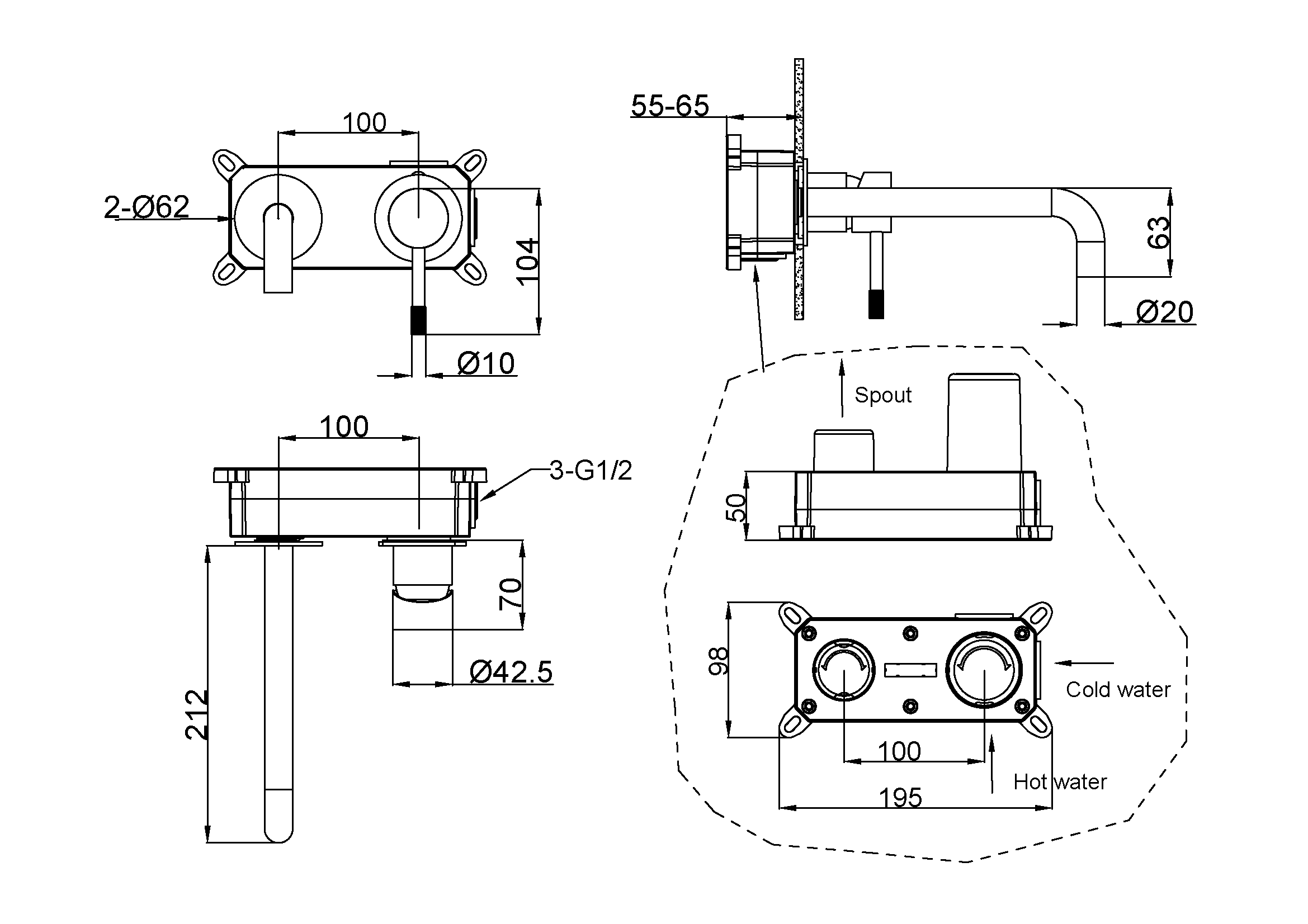 Смеситель для умывальника из стены, Uno. Brushed Bronze