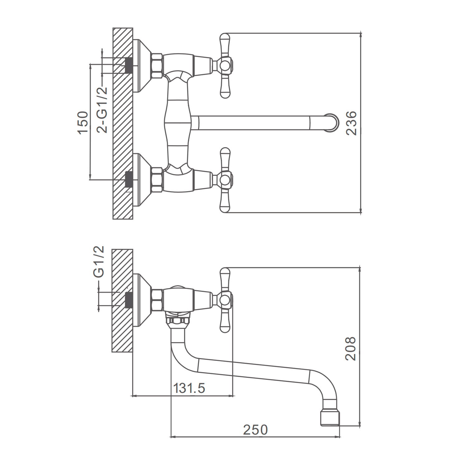 Смеситель Prohanss P10.46 для кухни настенный поворотный излив 25см, хром