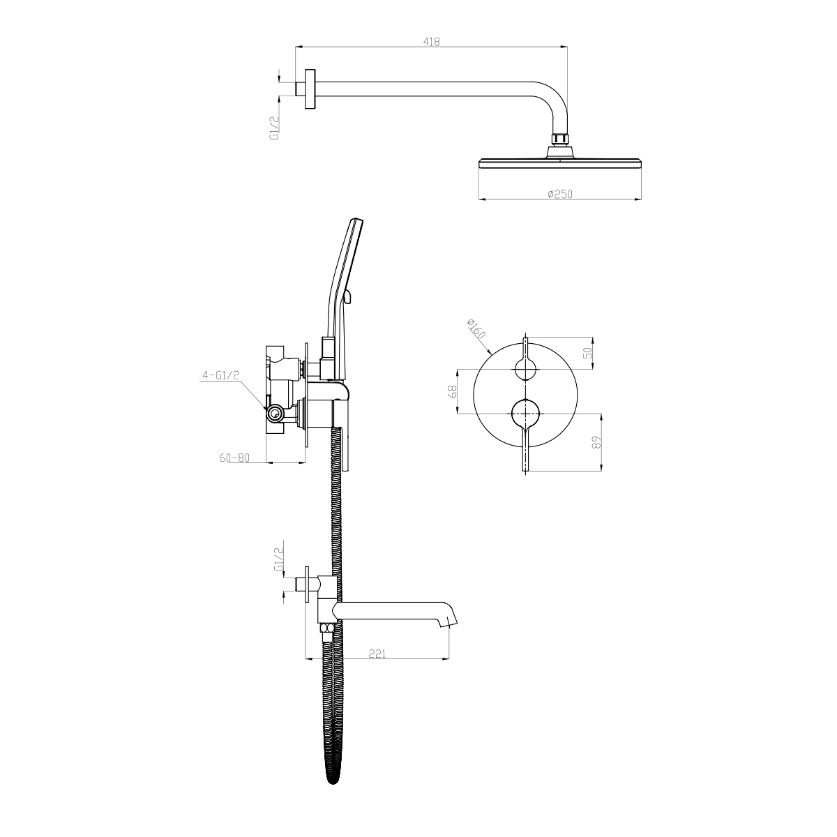 Душевая система Raglo для ванны и душа встраиваемая на 3 режима излив поворотный 20 см, черный R20.27.06