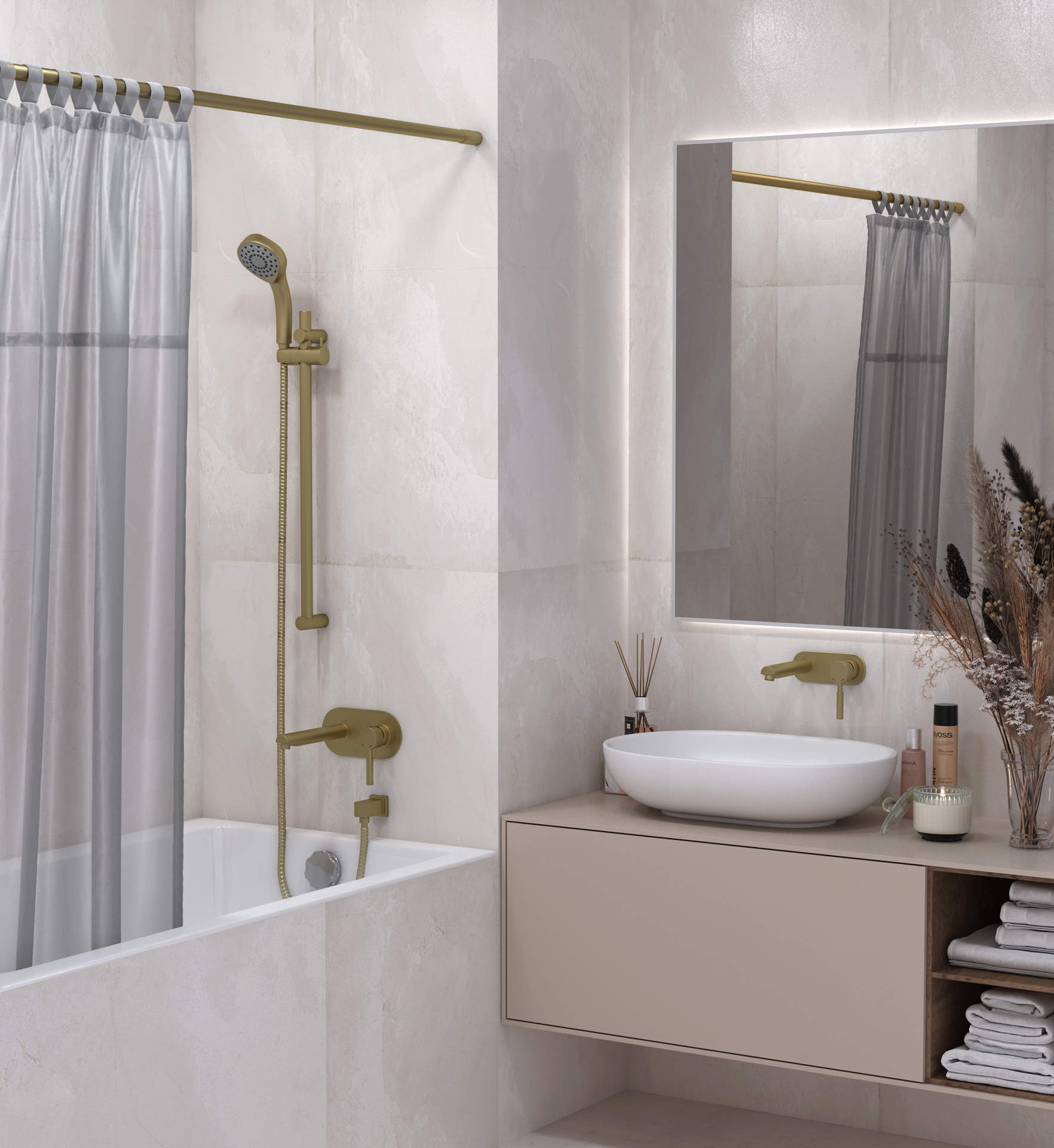 Карниз для ванной прямой телескопический / L 1500 (Матовое золото)