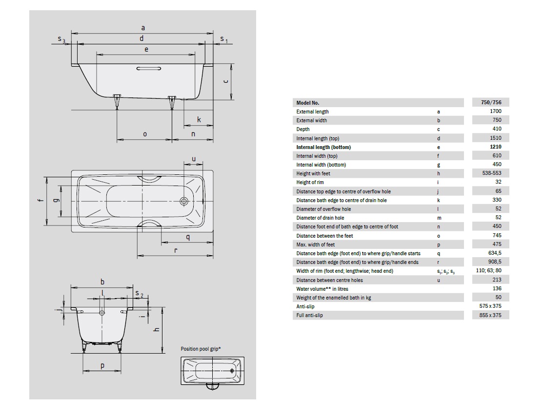 Ванна стальная Kaldewei CAYONO 1700х750х410 мм, AntiSlip, Easy Clean, alpine white, без ножек