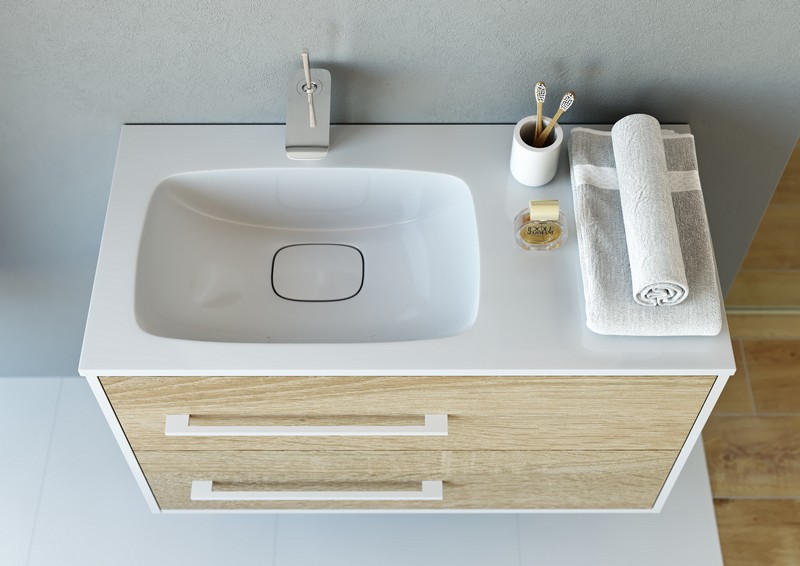 Подвесная левая тумба с двумя ящиками из литьевого мрамора.