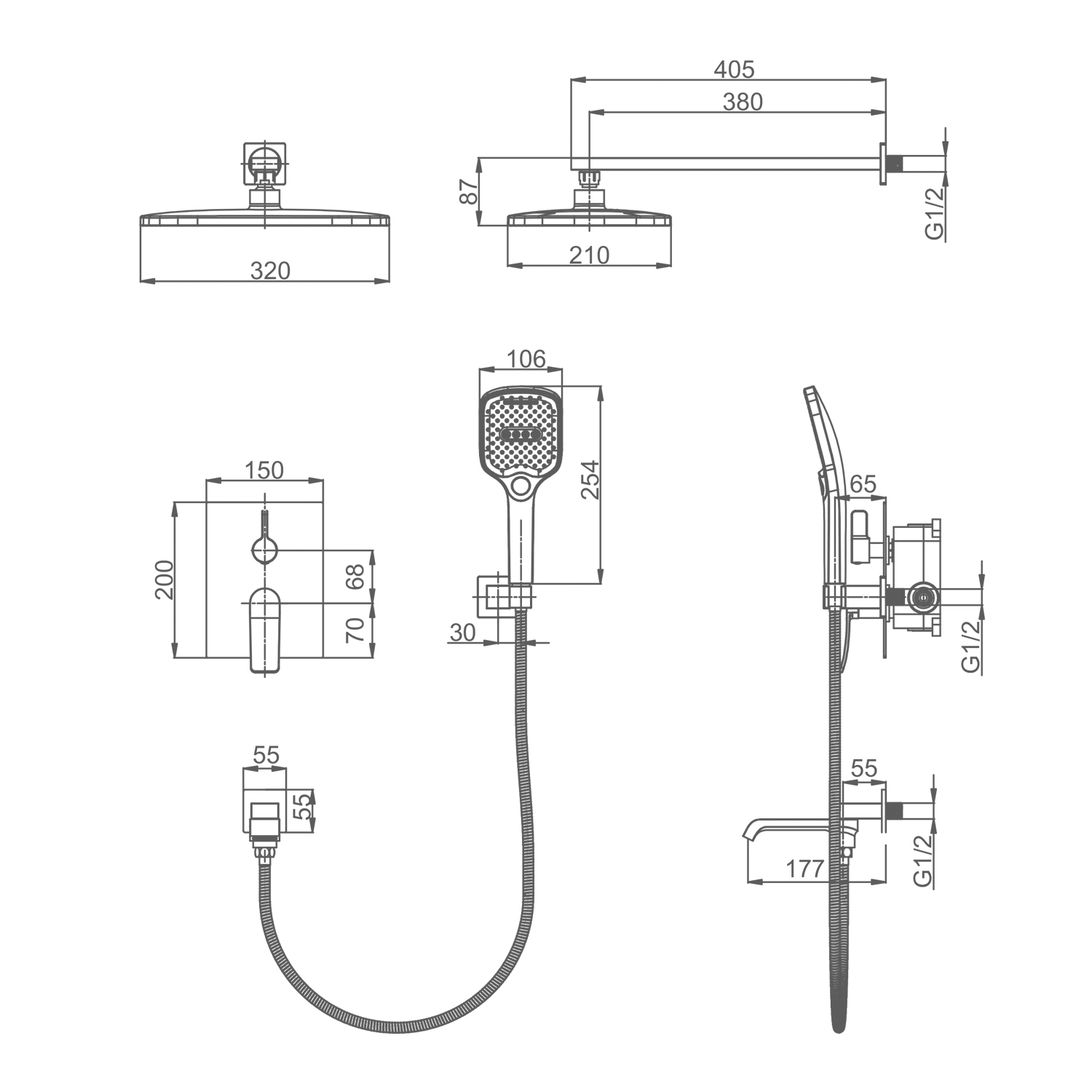 Душевая система Splenka S31.27.06 для ванны и душа встраиваемая на 3 режима поворотный излив 18 см, черный