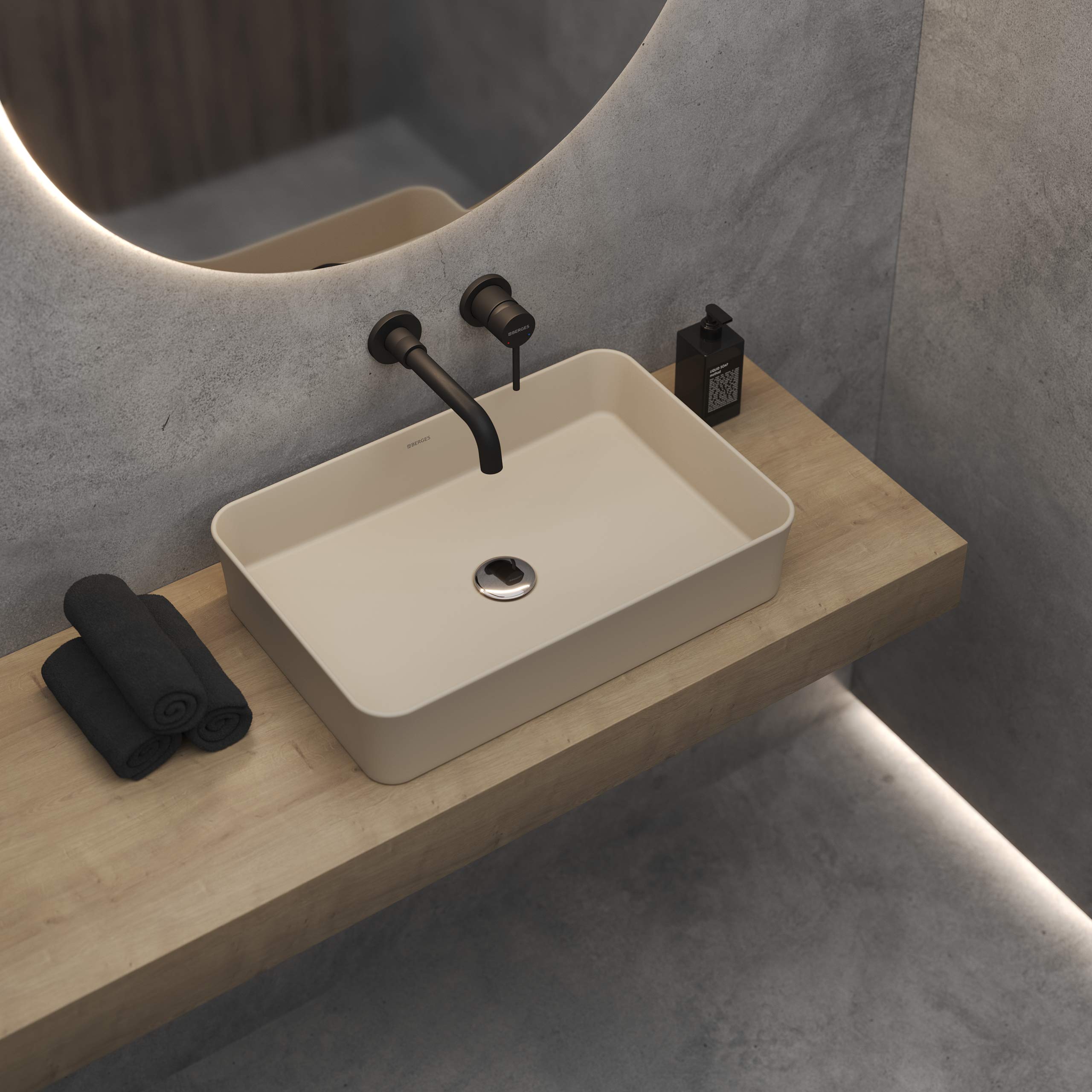 Накладная раковина из санфарфора Berges Ego SL матовый жасмин, размером 55х38х11,5 см. Прямоугольной в магазинах СантехГид