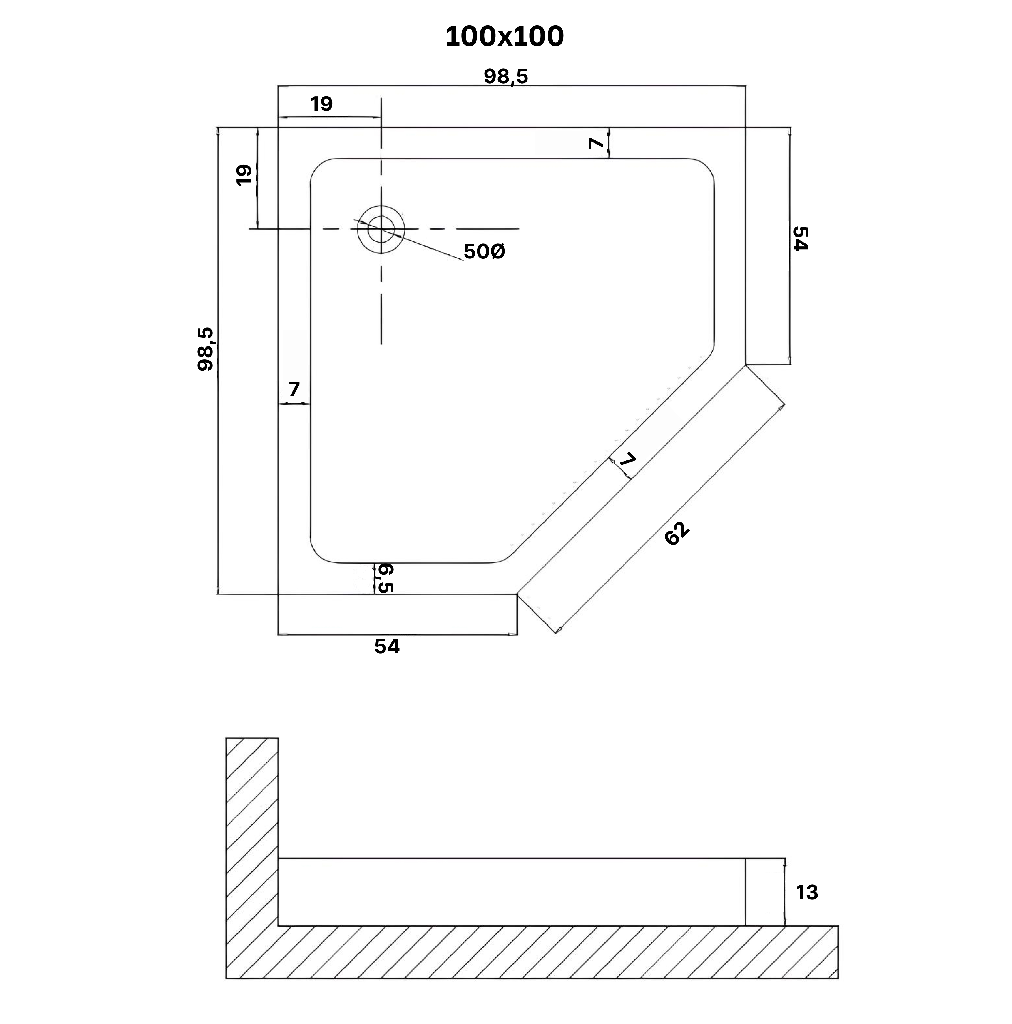 Душевой поддон (100х100х13) трапеция,1 место NG-P1010-14D