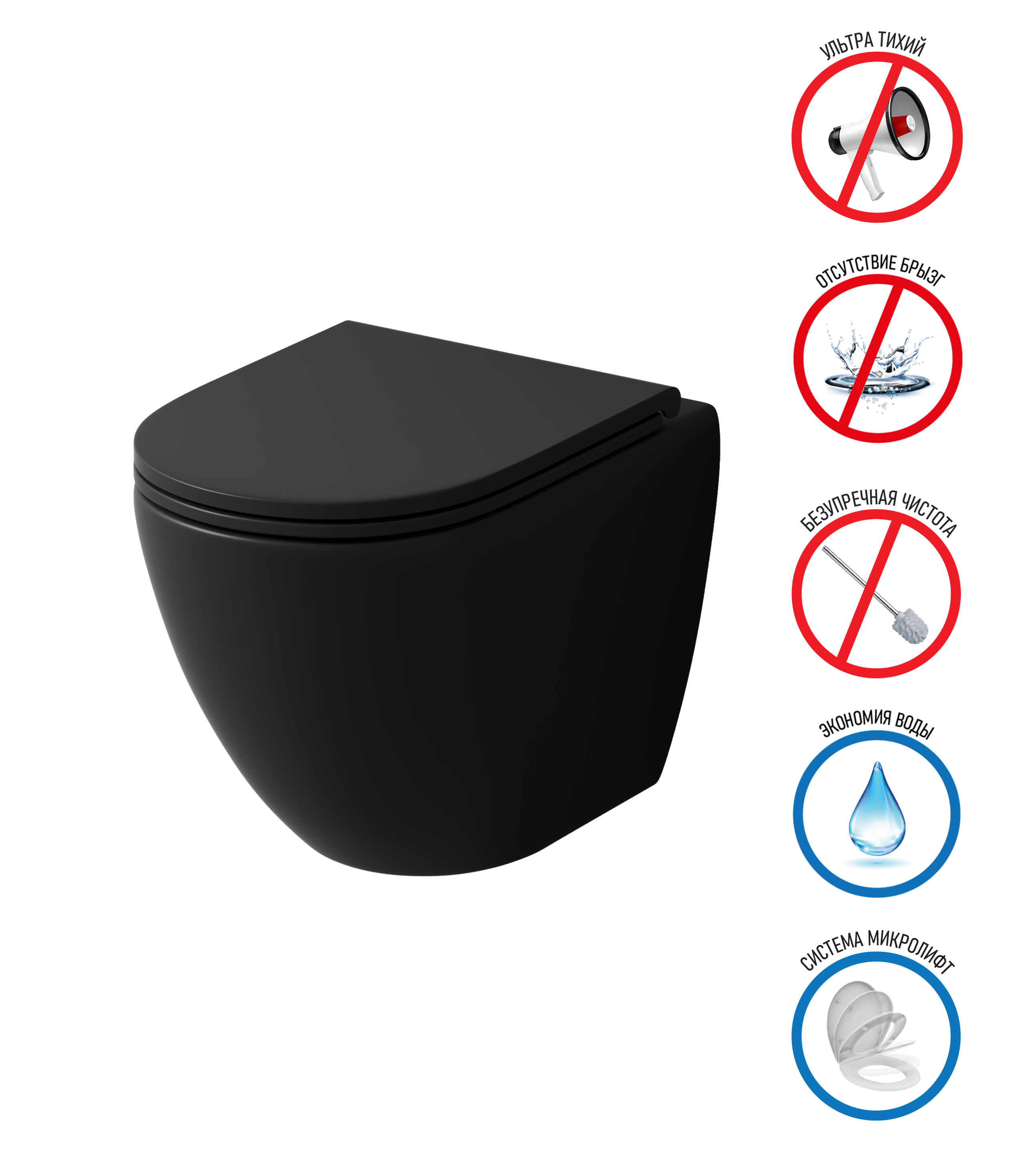 Унитаз подвесной Grossman (485х360х320) безободковый,черный матовый с тонкой крышкой GR-4455BMSQ