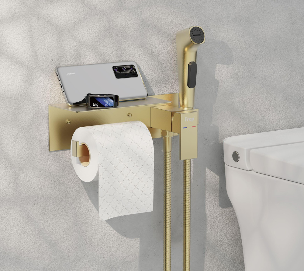 Гигиенический душ с бумагодержателем и полочкой/сатин золото FRAP F2076-3