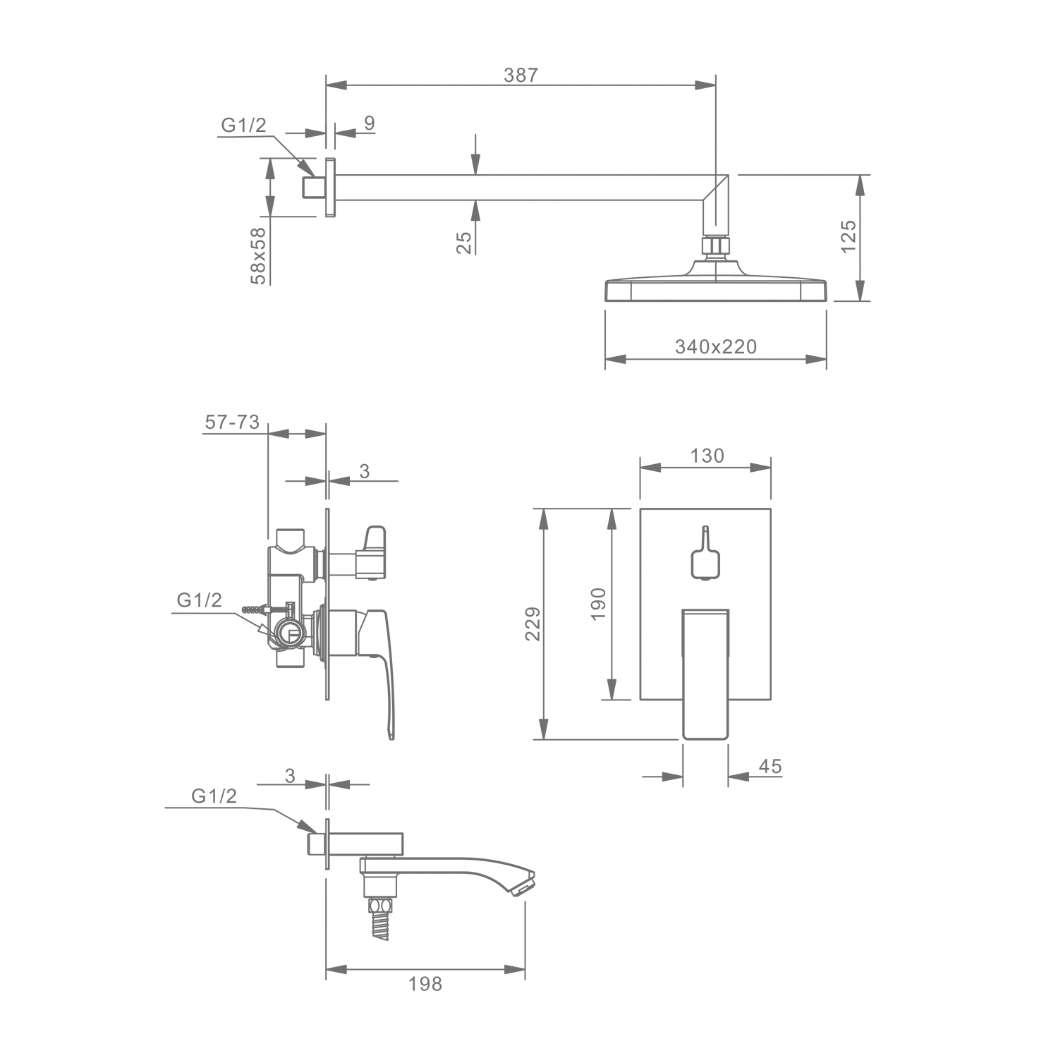 Душевая система Raglo для ванны и душа встраиваемая на 3 режима излив поворотный 20 см, хром R01.27