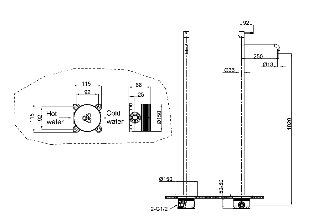 Смеситель для умывальника напольный Uno Black