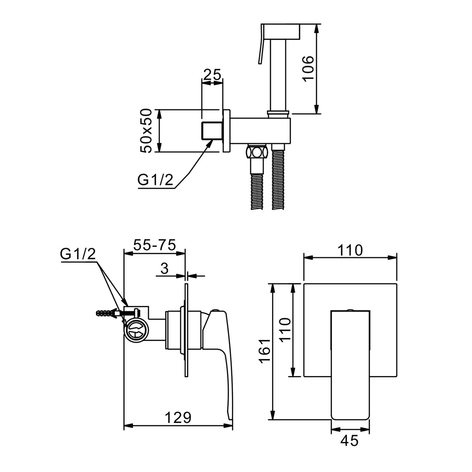 Смеситель Raglo с гигиеническим душем встраиваемый , черный R03.53.06