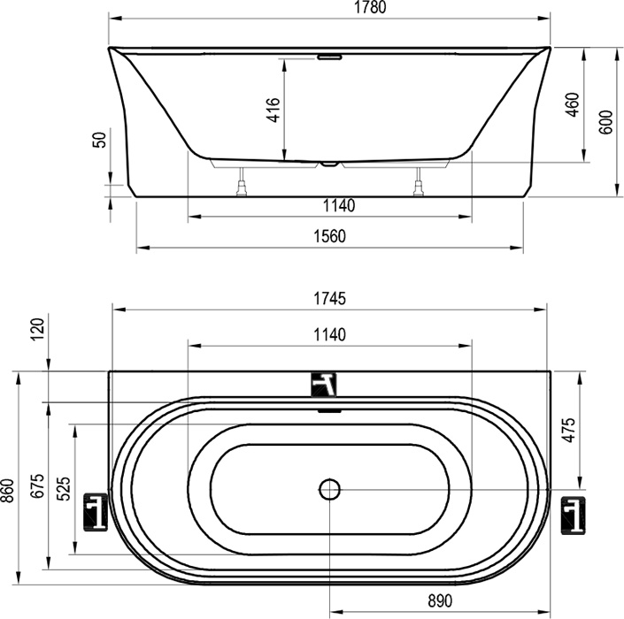 Ванна YPSILON W 178x86 белая пристенная (черный слив)