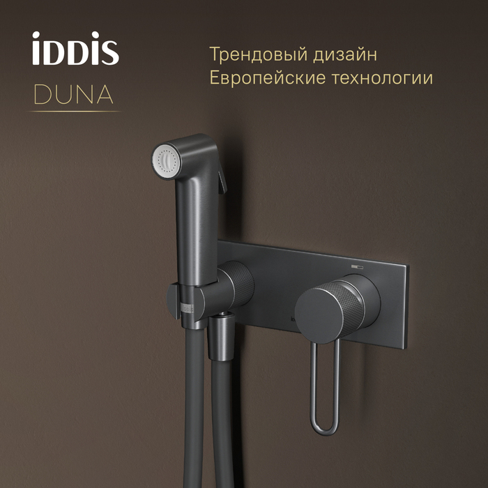 Встраиваемый смеситель с гигиеническим душем с защитным клапаном, графит матовый,  Duna, IDDIS, DUNGMV0i08