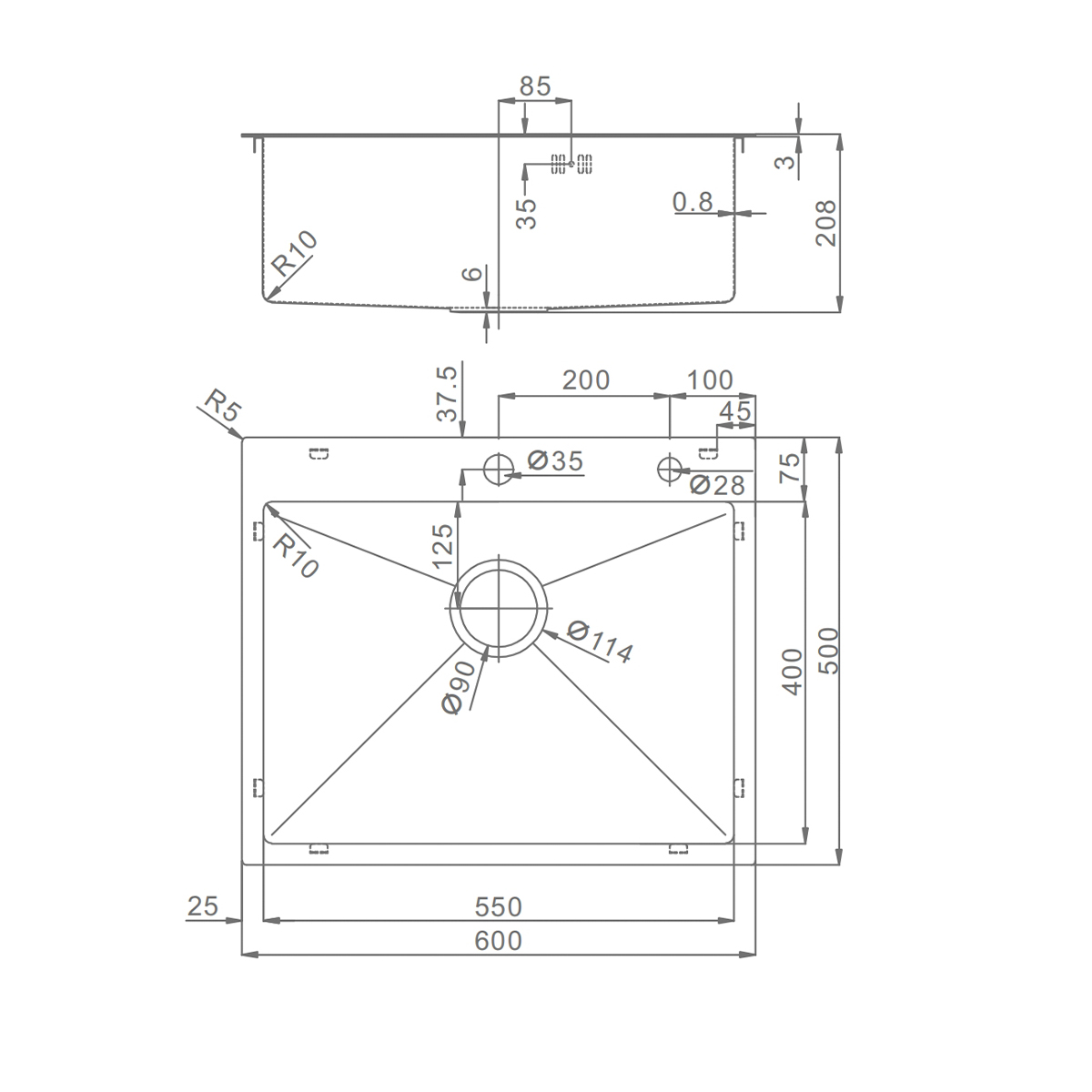 Кухонная мойка Raglo R701.6050.05 из нержавеющей стали в базу от 60см, сатин