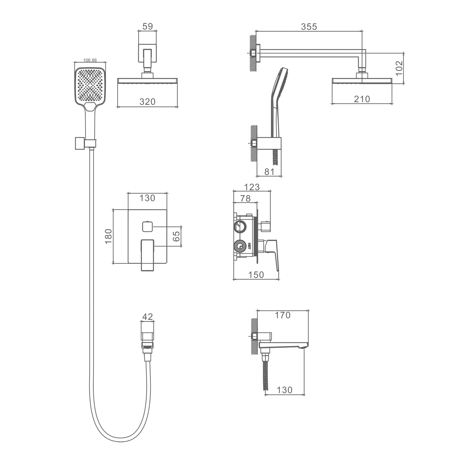Душевая система Splenka S01.27.06 для ванны и душа встраиваемая на 3 режима поворотный излив 17 см, черный