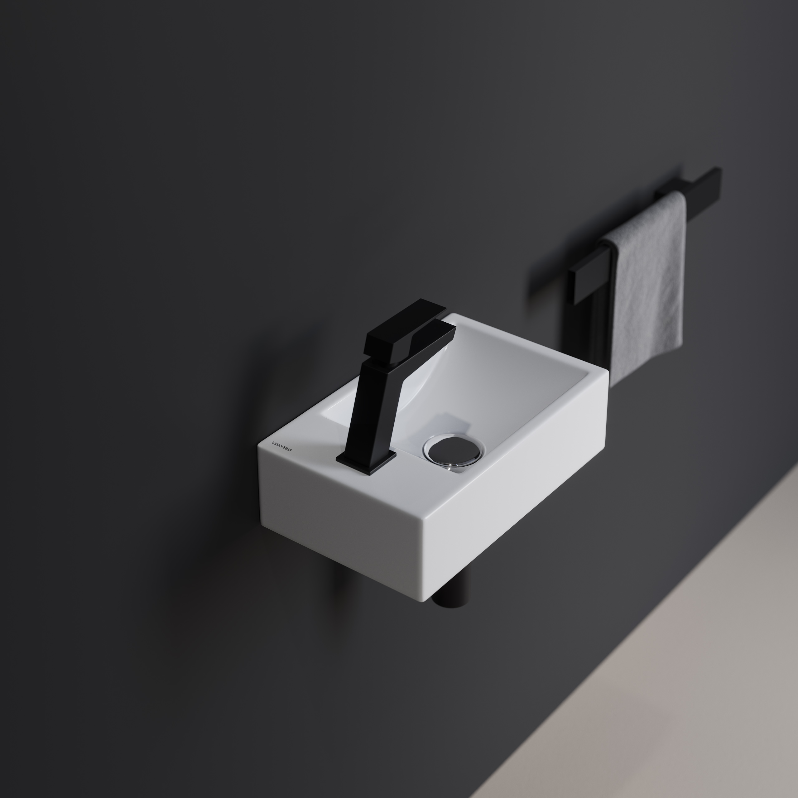 Подвесная раковина из санфарфора Berges Small размером 37х23х11 см. Прямоугольной формы, с отверстие в магазинах СантехГид