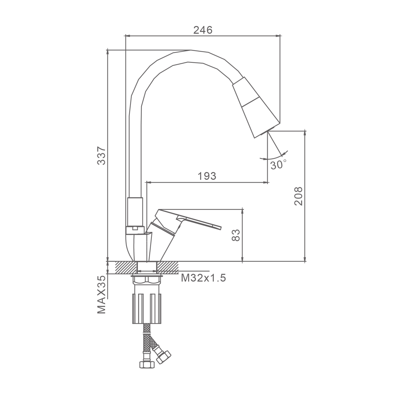 Смеситель Splenka S07.43 для кухни высокий гибкий поворотный излив, хром