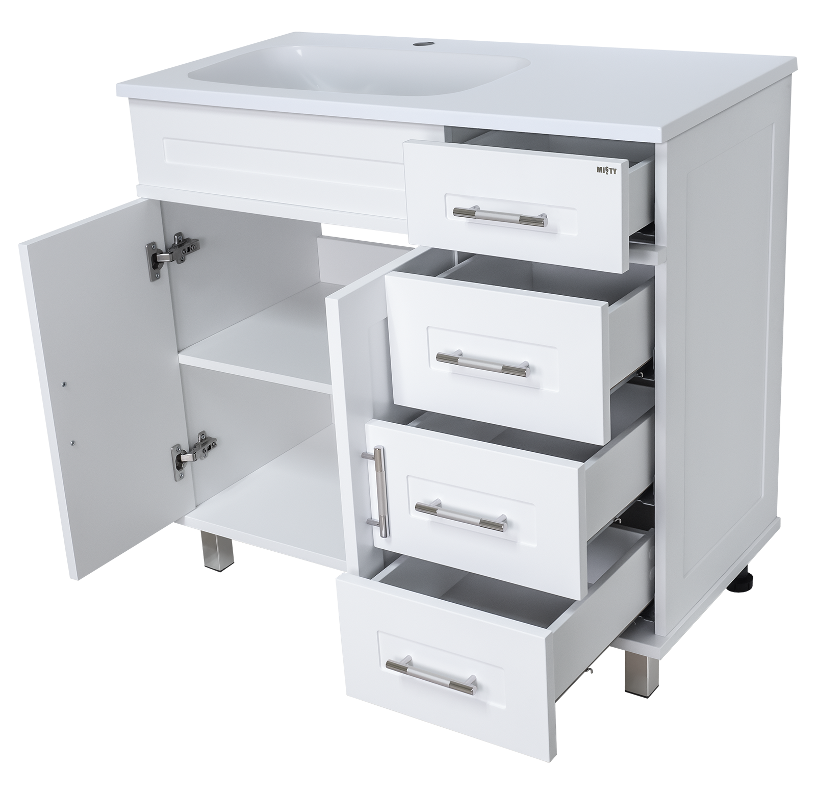 Тумба Купер - 90 напольная с 4 ящ. левая белая + раковина