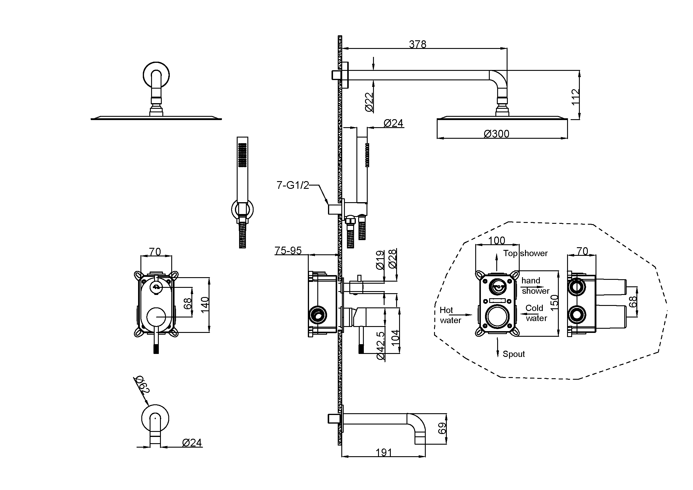 Смеситель встроенный + верхний+ ручной душ, Uno. Black с изливом