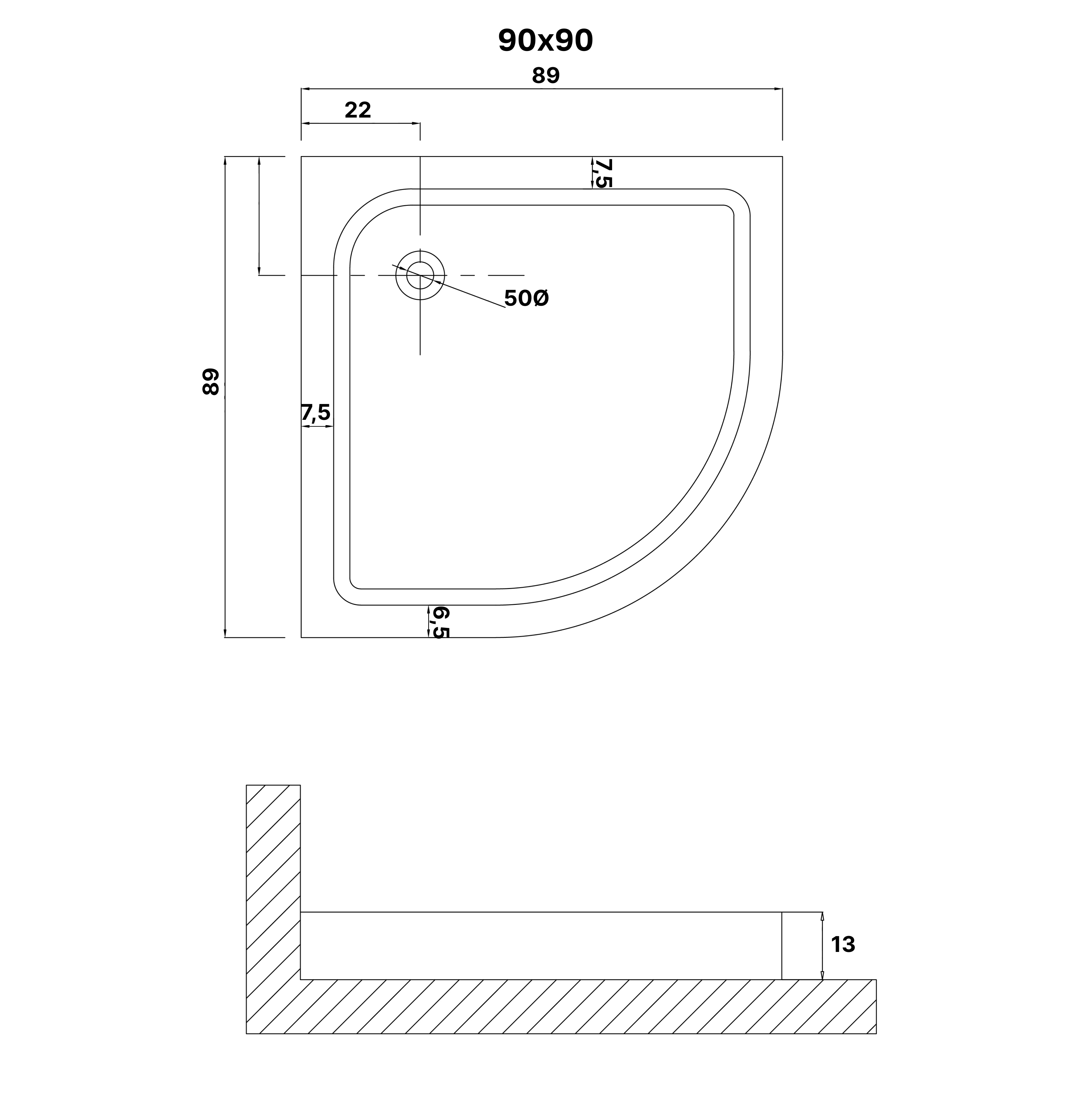 Душевой поддон (90х90х13) четверть круга,1 место NG-P9090-14