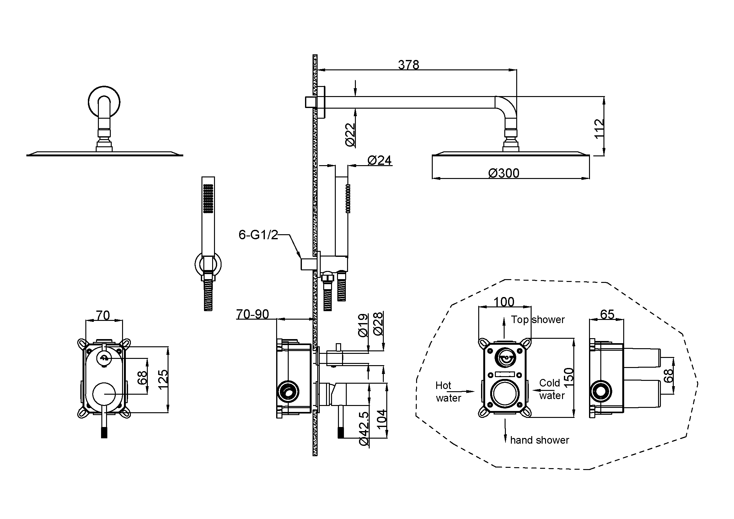Смеситель встроенный + верхний+ ручной душ, Uno. Хром