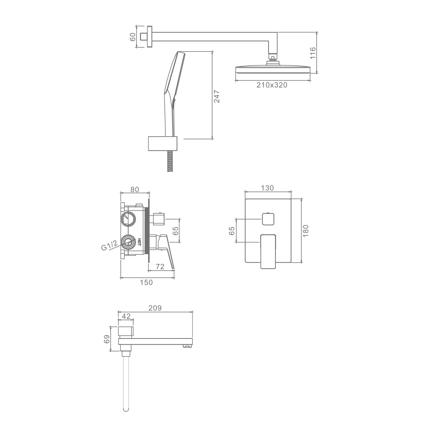 Душевая система Raglo для ванны и душа встраиваемая на 3 режима излив поворотный 20 см, черный R30.27.06