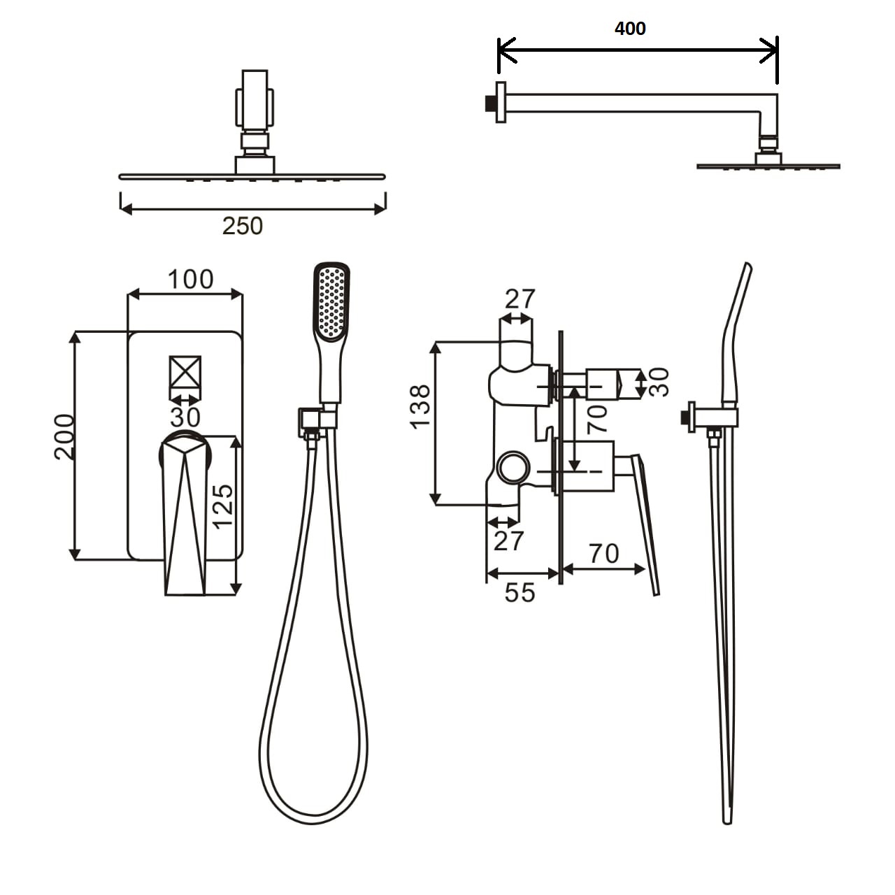 Смеситель встроенный + верхний душ + ручной душ Shine Gun Metall