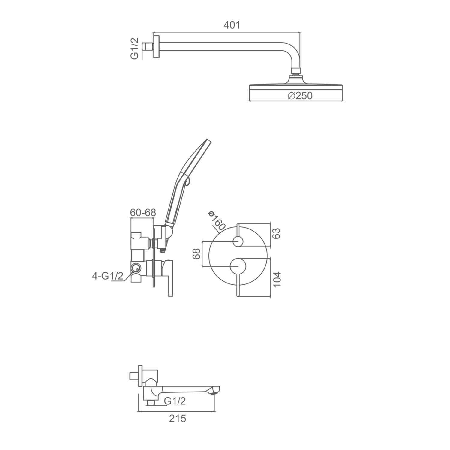 Душевая система Splenka S222.27.05 для ванны и душа встраиваемая на 3 режима поворотный излив 20 см, сатин