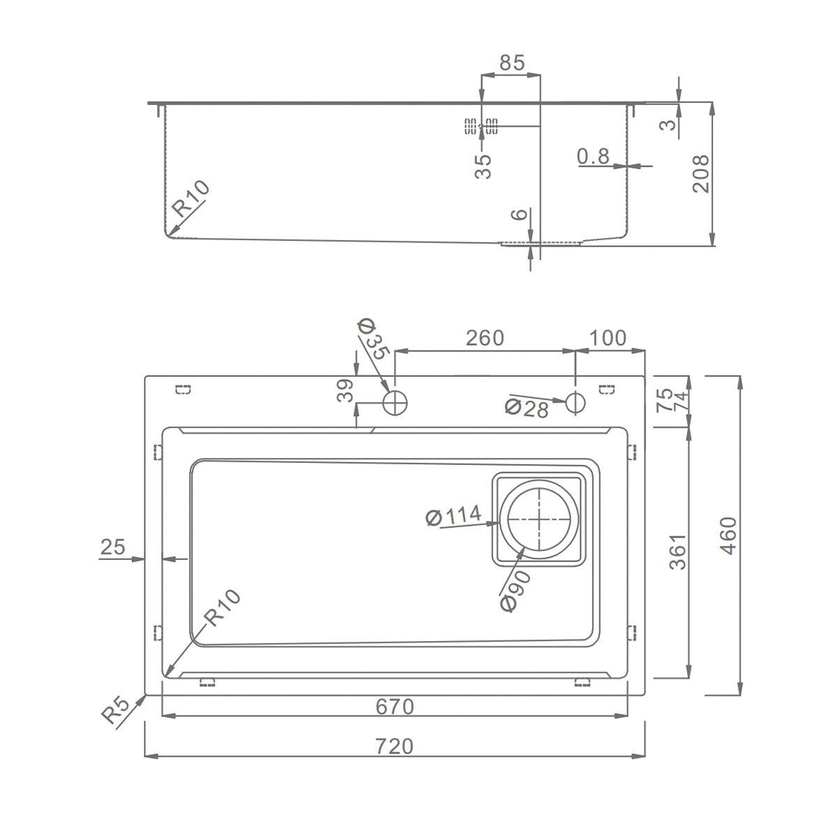 Кухонная мойка Raglo из нержавеющей стали в базу от 80см, графит R702.7246.09