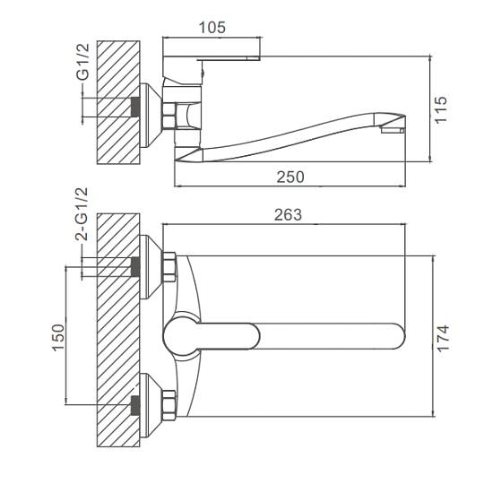 Смеситель Prohanss P64.46 для кухни настенный поворотный излив 25 см, хром