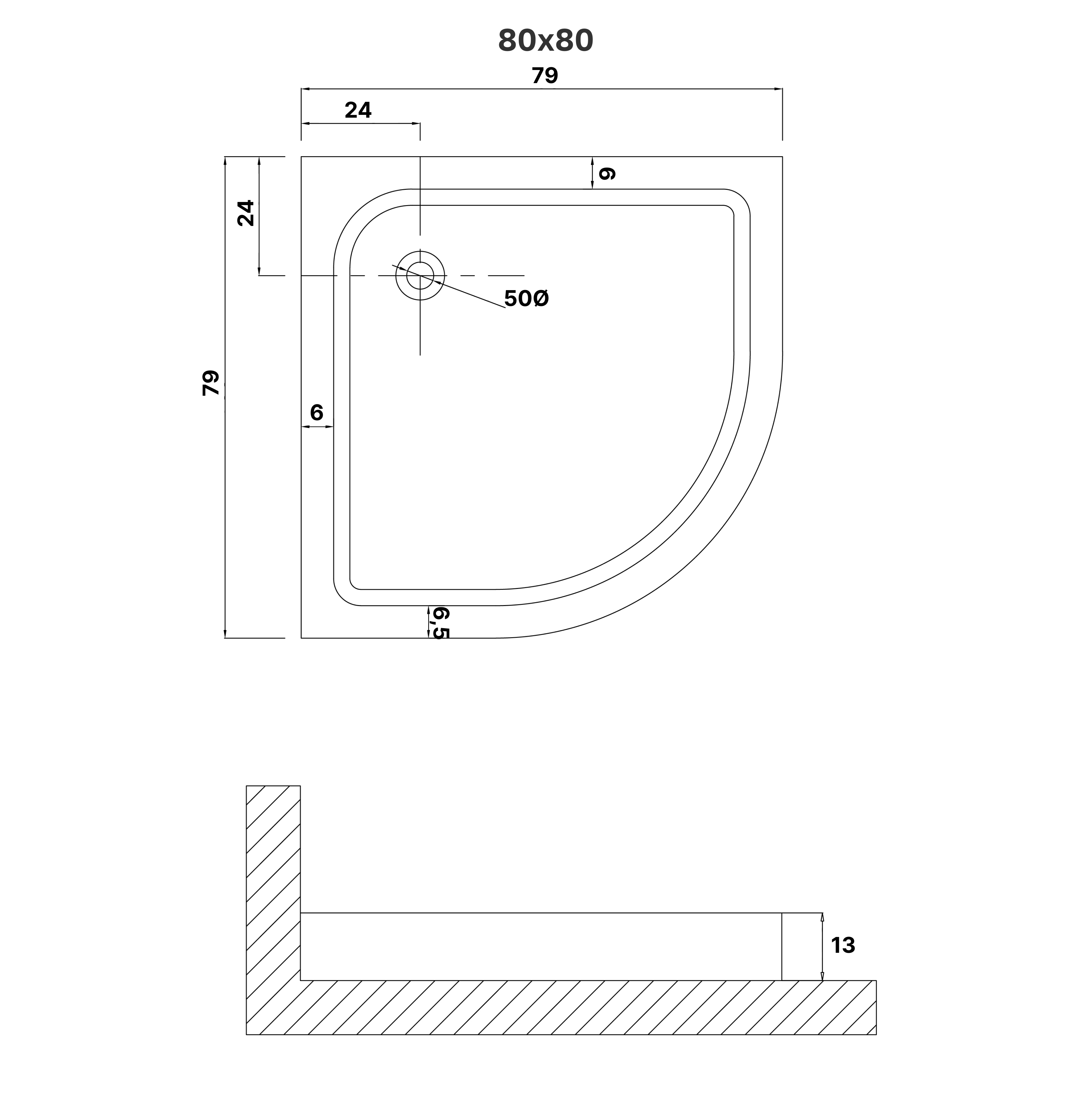 Душевой поддон (80х80х13) четверть круга,1 место NG-P8080-14
