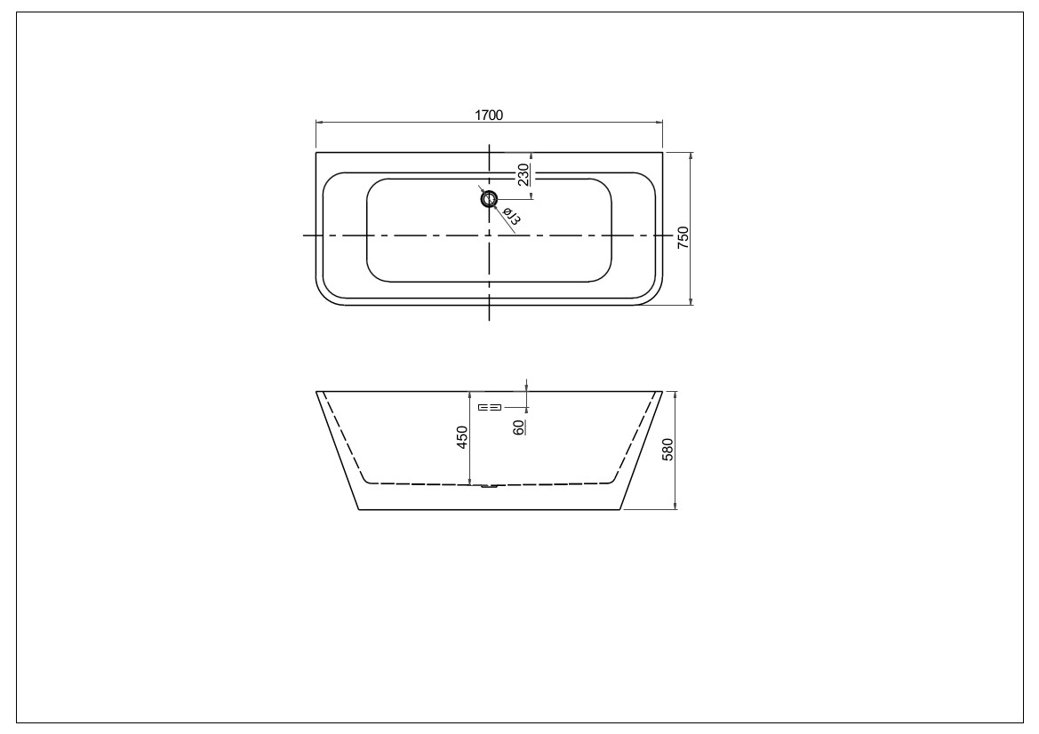 Ванна акриловая, пристенная, AQUATEK AQ-113775WT ЭЛЕГИЯ 1700 * 750 * 580 , В комплекте со сливом и ножками.Цвет: белый глянцевый.