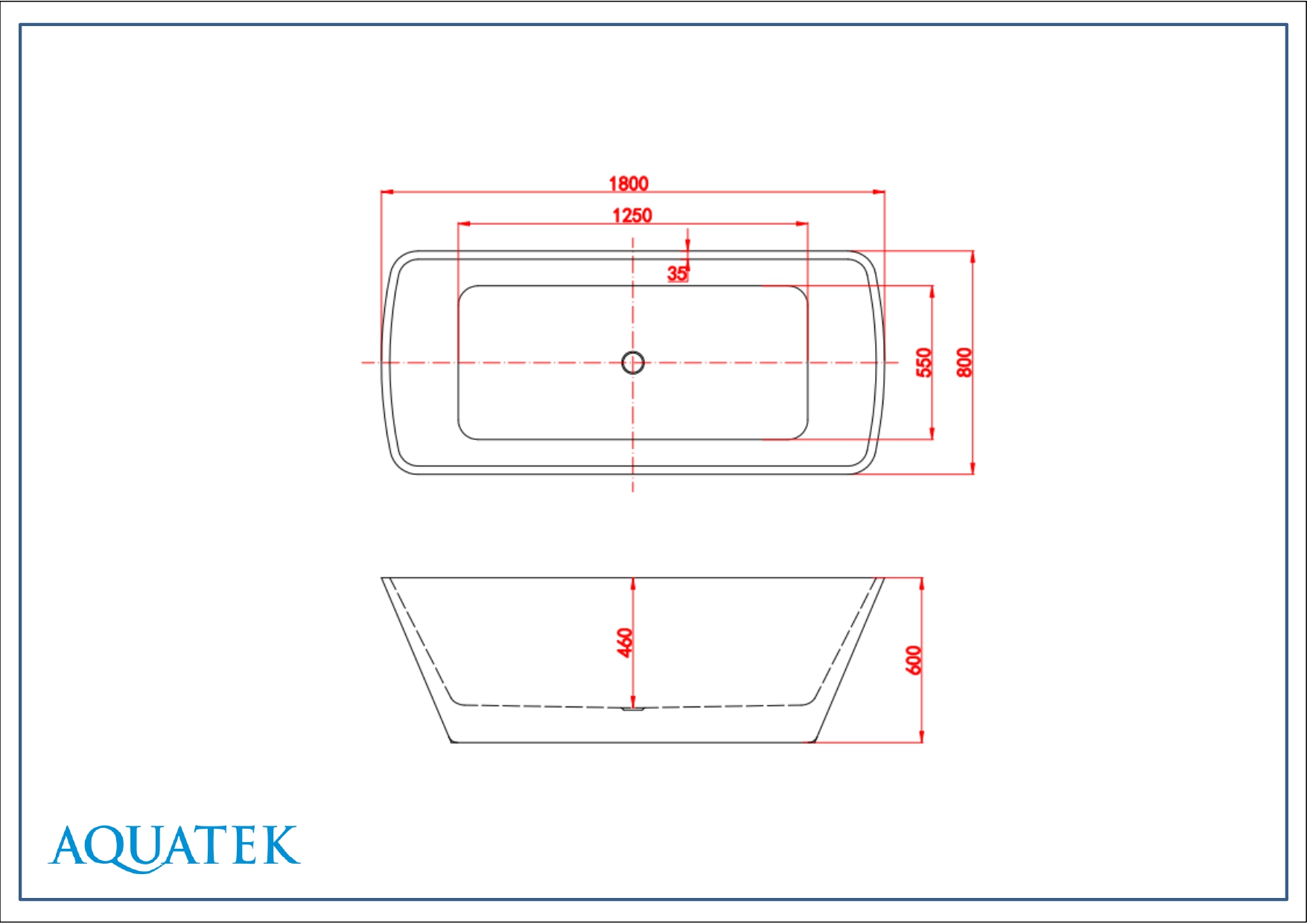 Ванна акриловая,отдельностоящая, AQUATEK КВАДРО 1800*800*600. В комплекте со сливом и ножками.Цвет: белый глянцевый. AQ-K27880