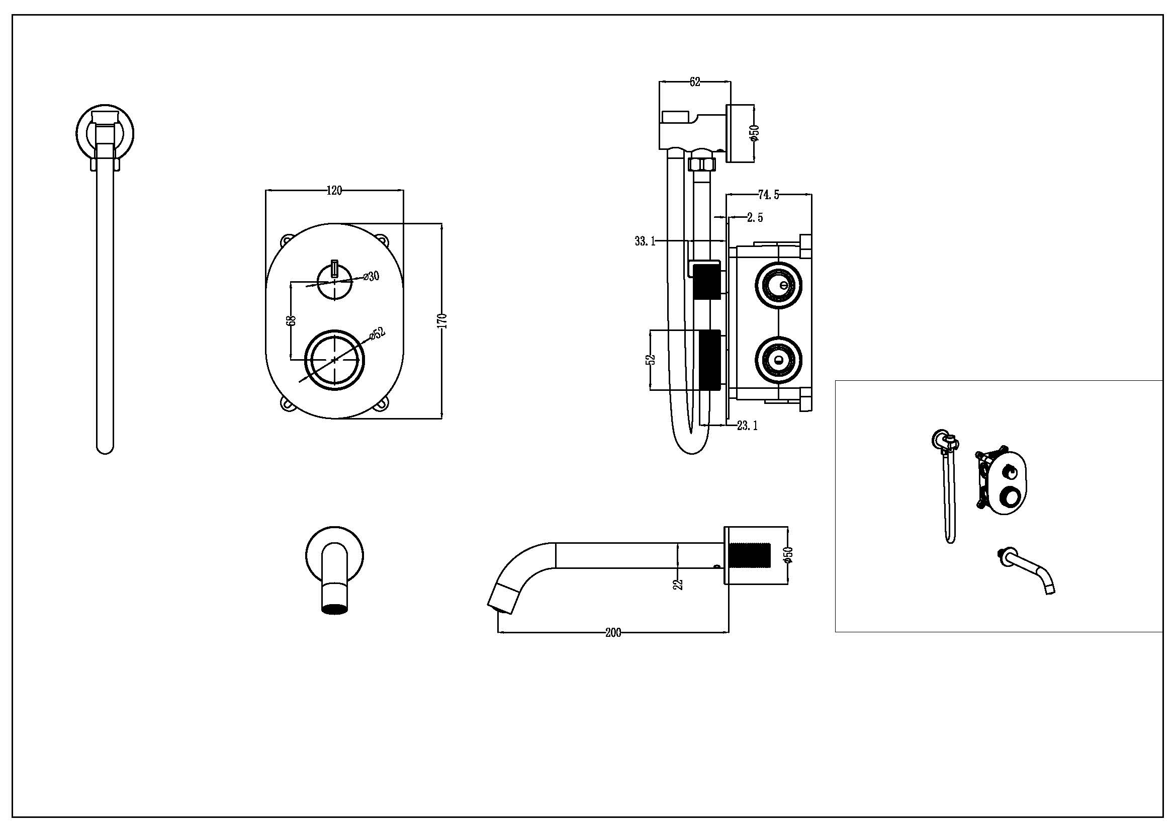 Смеситель встроенный + излив + держатель лейки + шланг TECH Nikel Brush