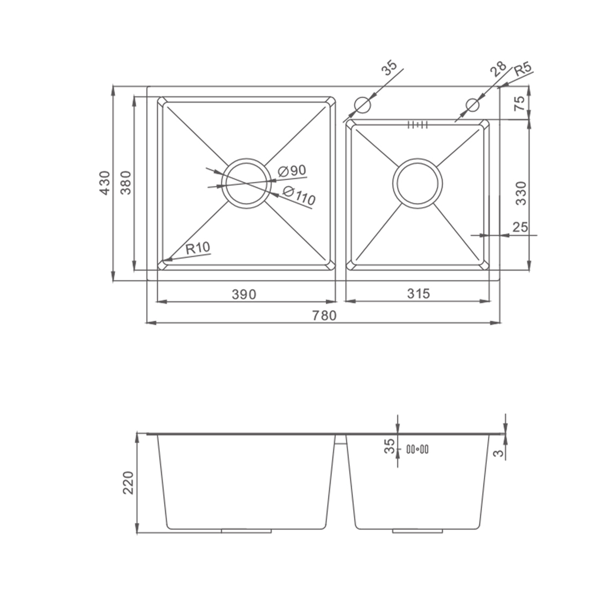 Кухонная мойка Splenka S706.7843.09 с двумя чашами из нержавеющей стали в базу от 80см, графит
