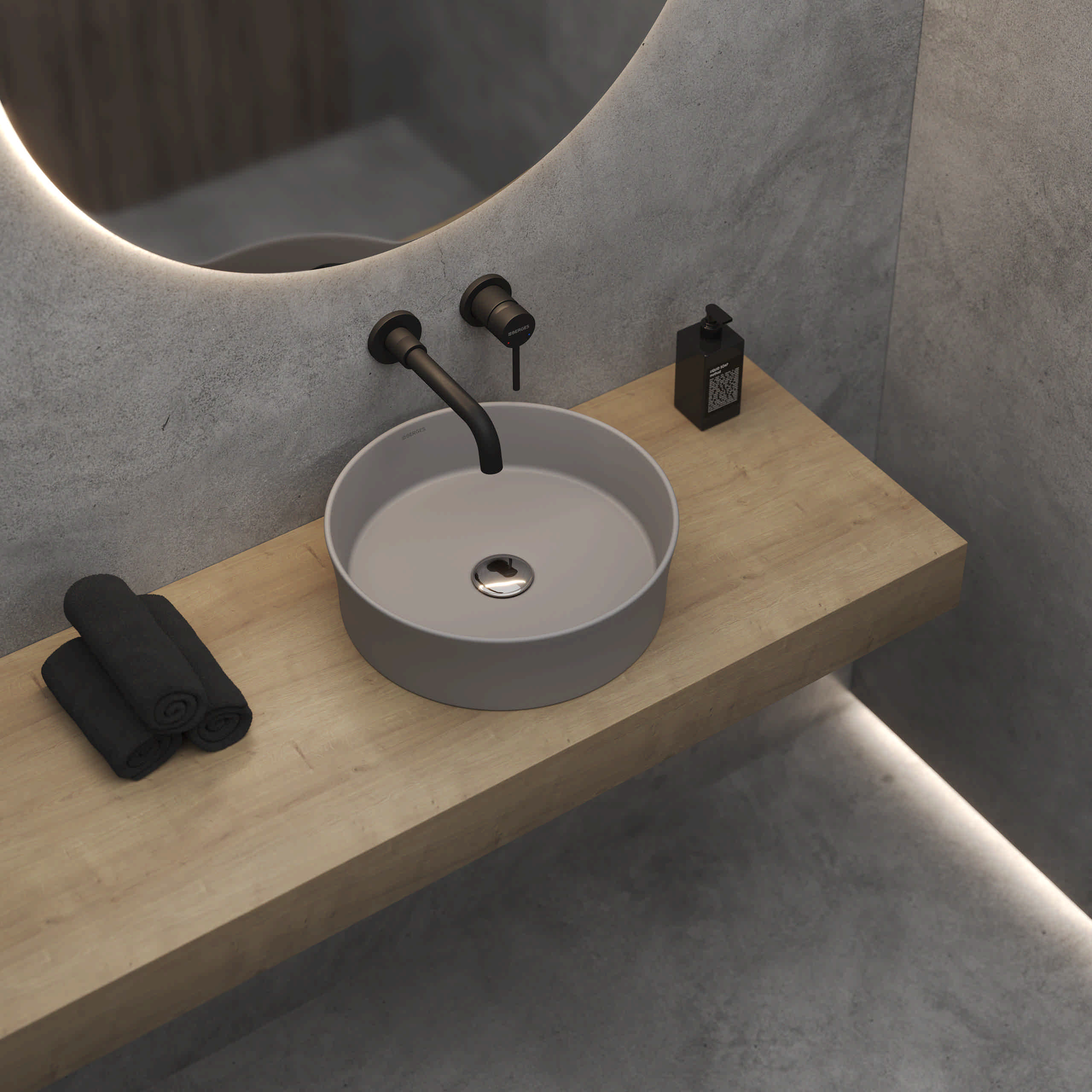 Накладная раковина из санфарфора Berges Ego SL матовый серый, диаметром 38 см. Высота 11,5 см. Кругл в магазинах СантехГид