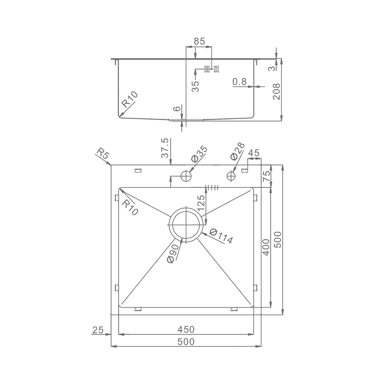Кухонная мойка Raglo из нержавеющей стали в базу от 50см, графит R700.5050.09