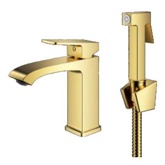 Смеситель Prohanss P60.12.03 для раковины с гигиеническим душем монолитный, золотой сатин