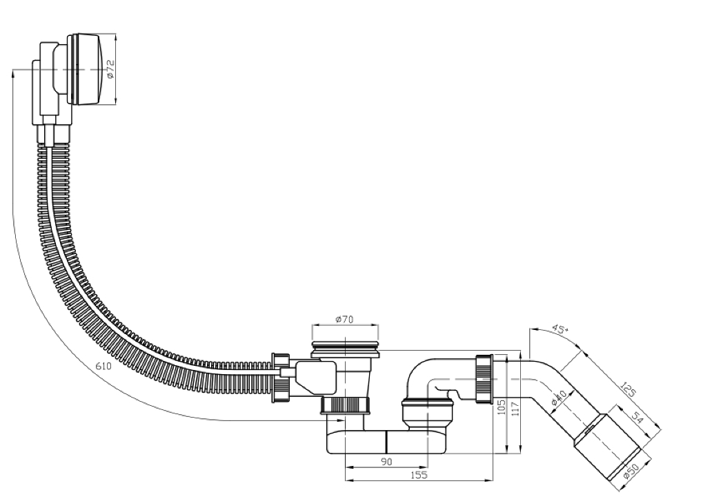 Сифон для ванны полуавтоматический черный, 40/50, L=61 см