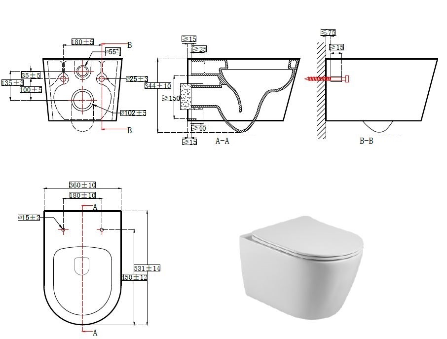 Унитаз подвесной БЕТТА безободковый 530*360*330мм,  тонкое сиденье с механизмом плавного 