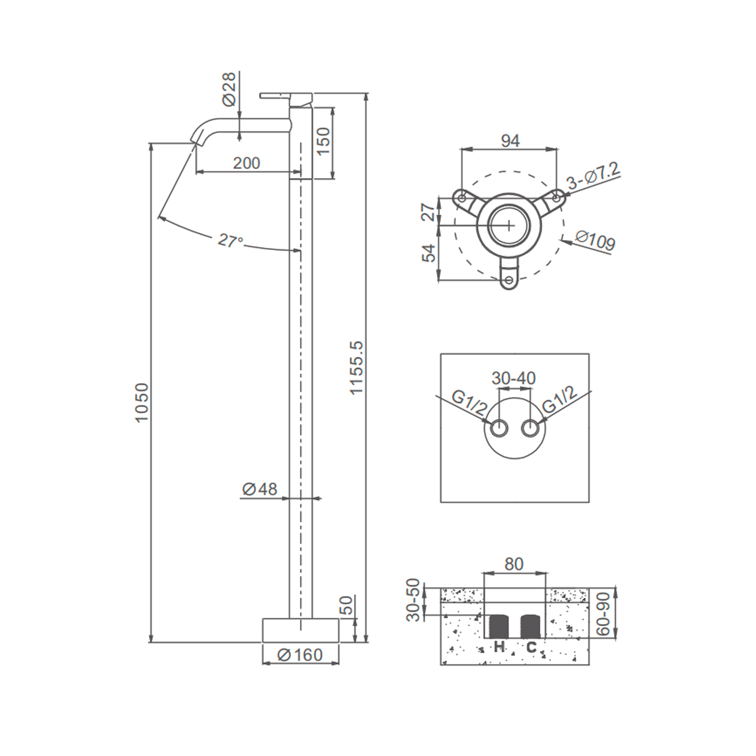 Смеситель Raglo R20.19.33 для раковины напольный, матовая медь